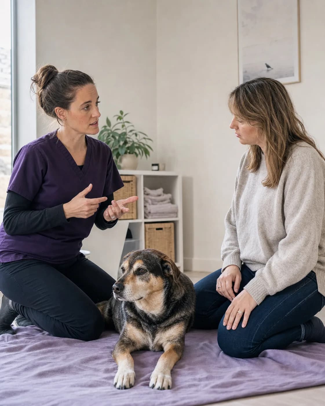 Une ostéopathe animalière assise au sol explique la séance à la propriétaire, le chien allongé entre elles.