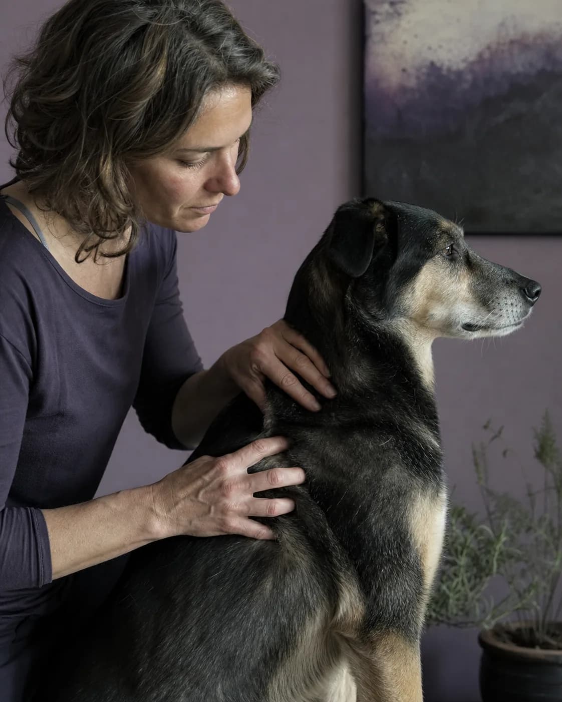 Une ostéopathe animalière, les deux mains posées sur le dos d'un chien.